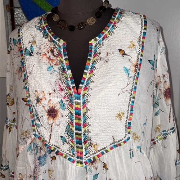Johnny Was Workshop White Floral Cotton Embroidered Mini Dress SZ Large - Picture 2 of 8